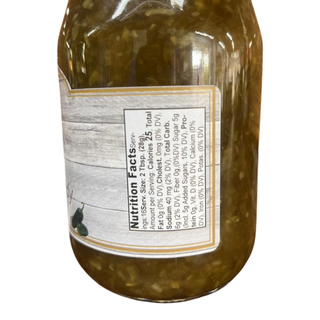 Broke Man's Pantry Jalapeño Cajun Candy jar showing nutrition facts label with green relish texture inside.