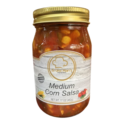 Broke Man's Pantry 17oz jar of all-natural medium corn salsa with visible corn, tomatoes, and jalapeños.