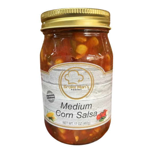 Broke Man's Pantry 17oz jar of all-natural medium corn salsa with visible corn, tomatoes, and jalapeños.