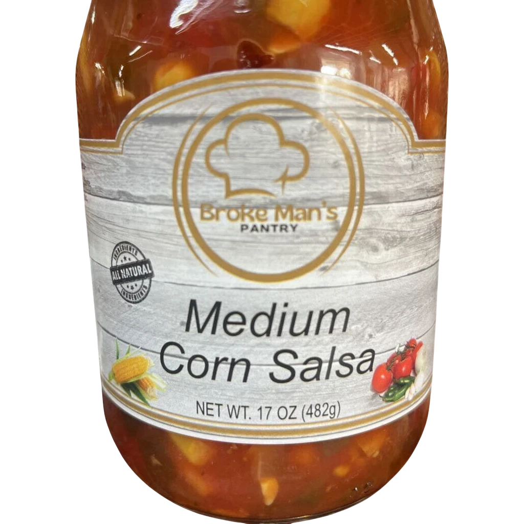 Broke Man's Pantry Medium Corn Salsa in a 17 oz glass jar with all-natural ingredients like corn and jalapeño.