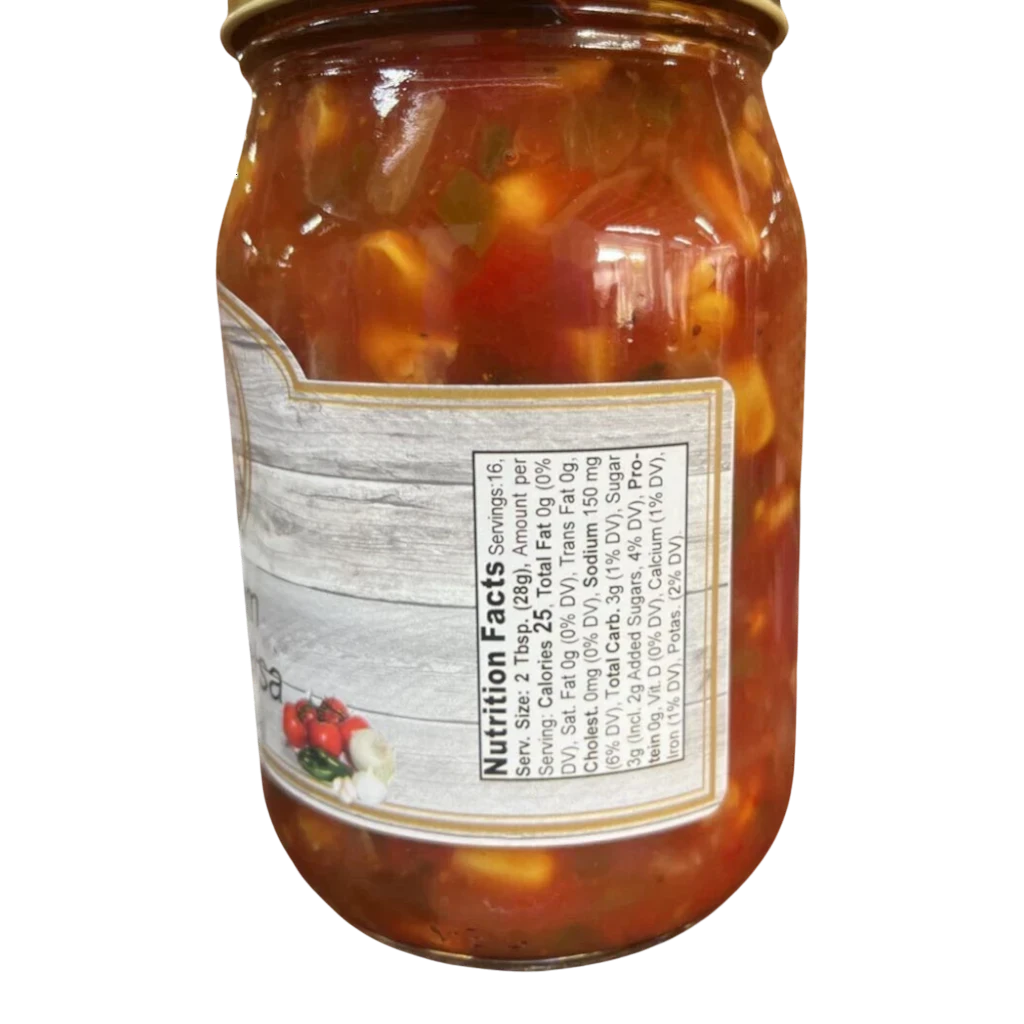 Broke Man's Pantry Medium Corn Salsa in a glass jar showing nutrition facts label with corn, tomatoes, and jalapeños