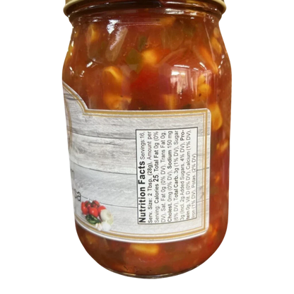 Broke Man's Pantry Medium Corn Salsa in a glass jar showing nutrition facts label with corn, tomatoes, and jalapeños
