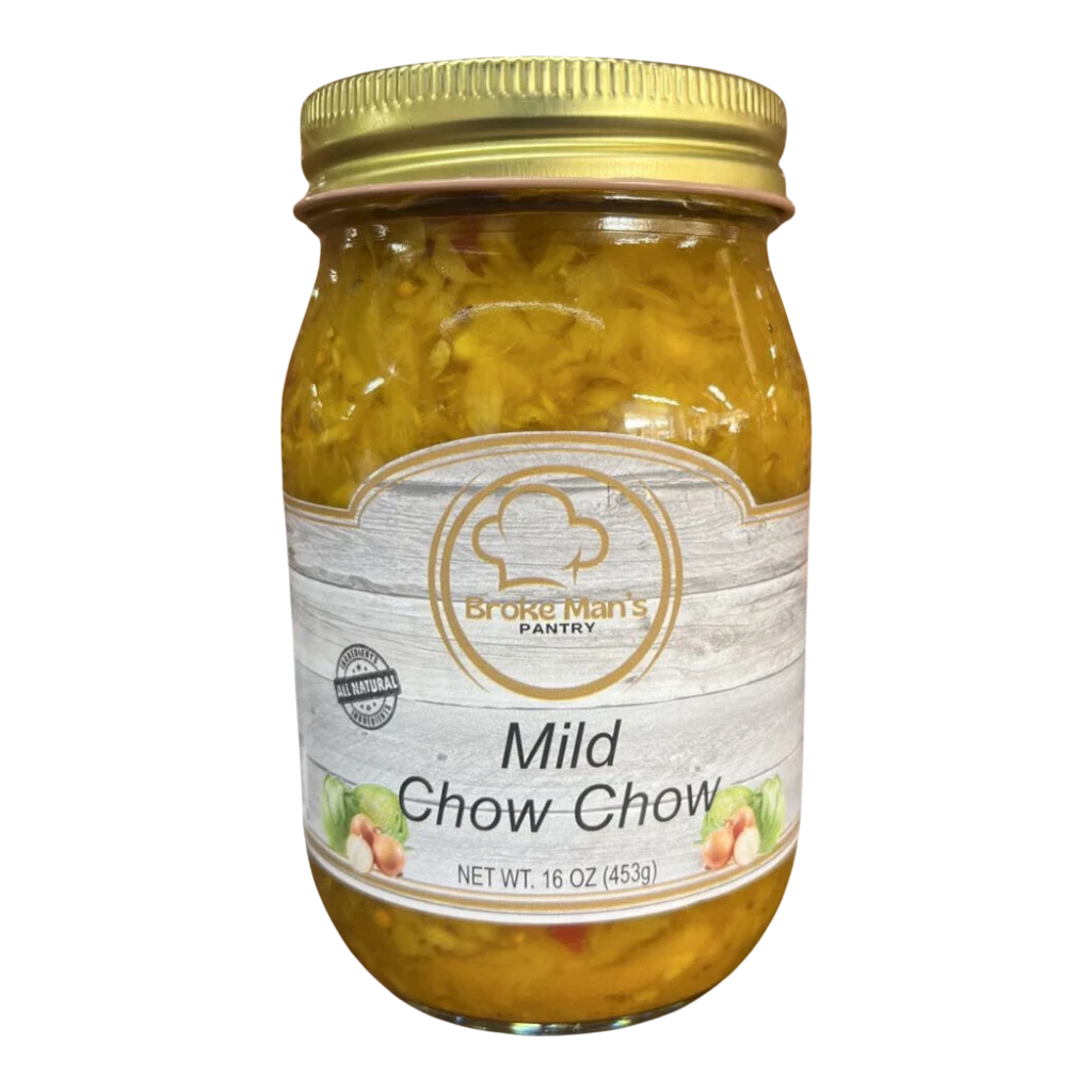 Broke Man's Pantry Mild Chow Chow relish in a 16oz glass jar with a gold lid, featuring fresh cabbage and peppers.