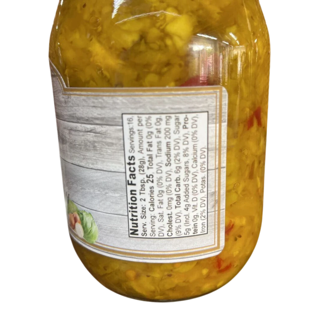 Broke Man's Pantry Mild Chow Chow relish in a glass jar showing the nutrition facts label and yellow vegetable mix.