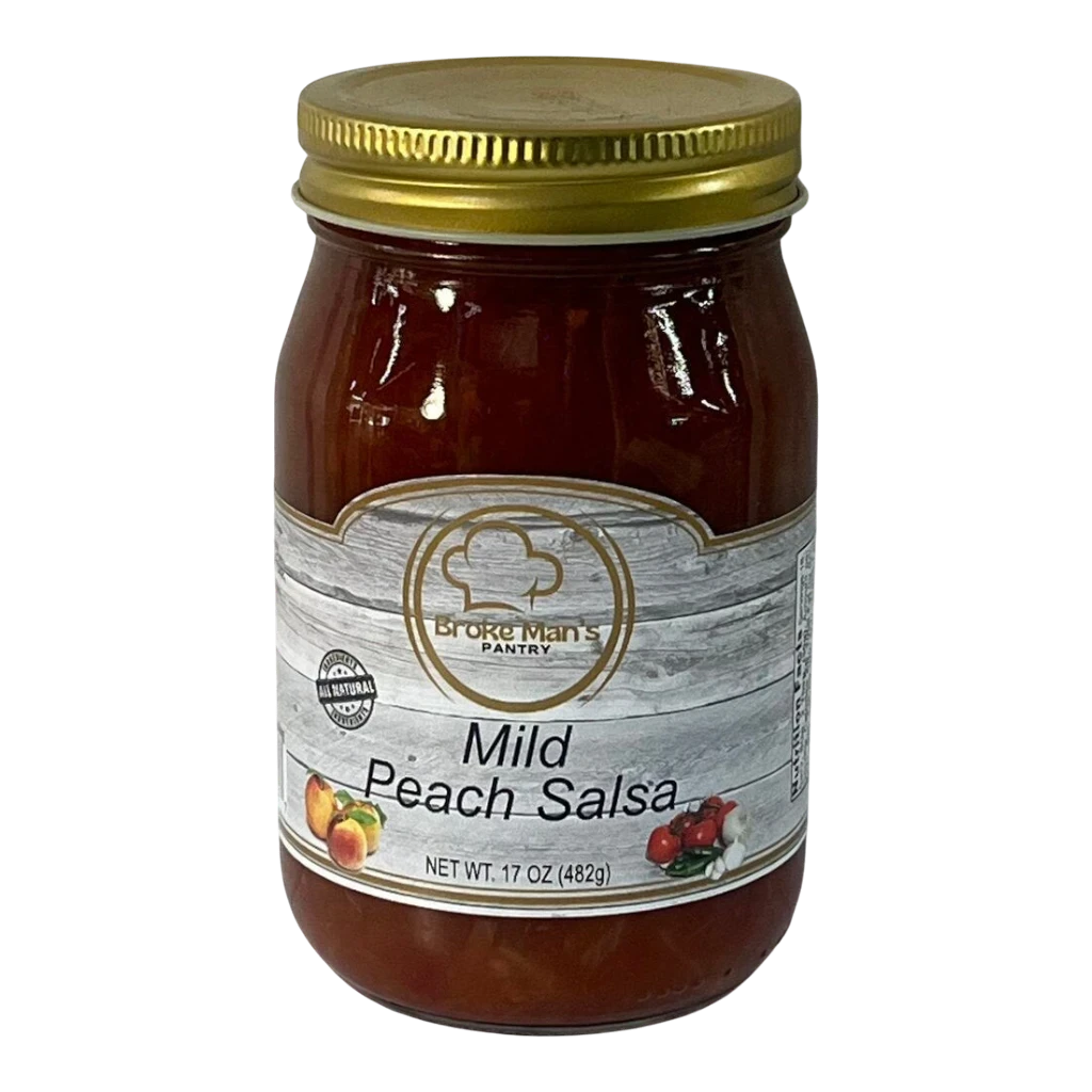 Broke Man's Pantry 17oz jar of mild peach salsa with natural ingredients like tomatoes, peaches, and jalapeños.