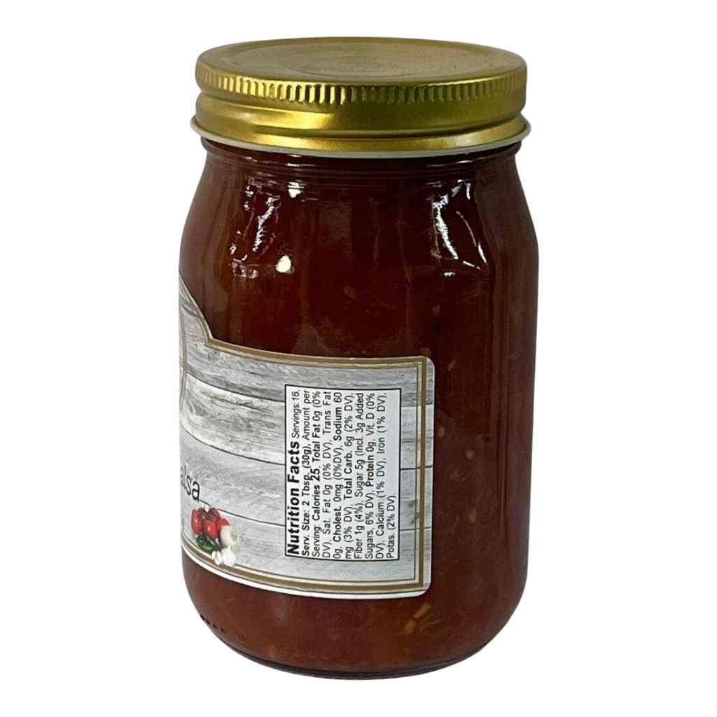 Broke Man's Pantry Mild Peach Salsa in a glass jar with a gold lid, featuring a nutrition facts label.