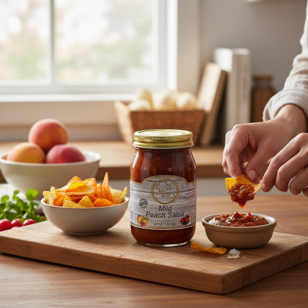 Broke Man's Pantry Mild Peach Salsa in a glass jar served with tortilla chips on a wooden cutting board.