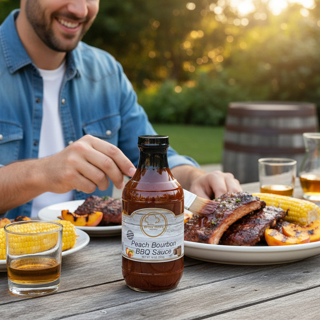 Broke Man's Pantry Peach Bourbon BBQ Sauce bottle on a wooden table with grilled ribs, corn, and a smiling man.