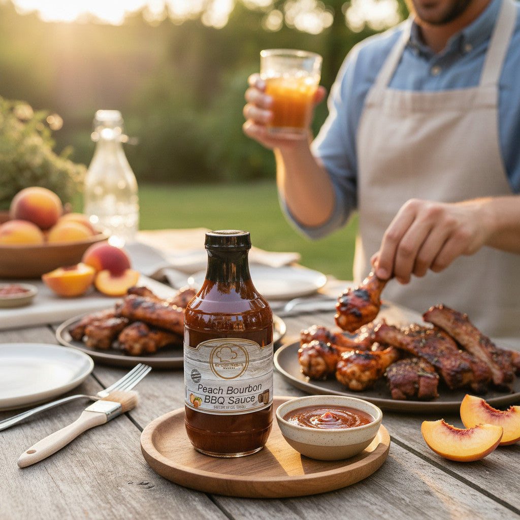 Broke Man's Pantry Peach Bourbon BBQ sauce bottle on a wooden table with grilled chicken and fresh peaches.