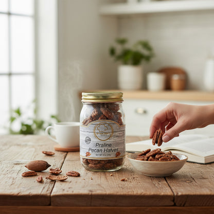 Broke Man's Pantry Praline Pecan Halves in a glass jar on a rustic wooden table with a hand reaching for a snack.