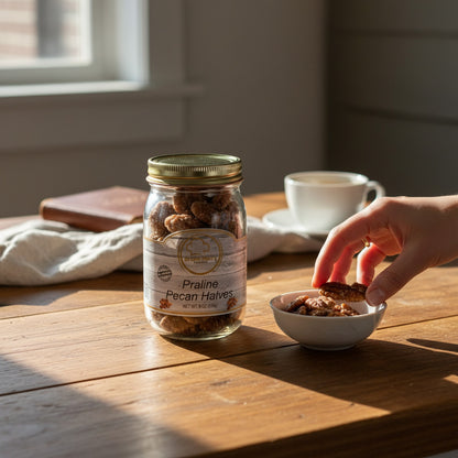 Broke Man's Pantry Praline Pecan Halves in a glass jar with a hand taking a nut from a small white bowl.