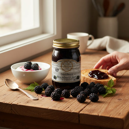 Broke Man's Pantry seedless blackberry jam in a glass jar on a wooden table with fresh berries and toast.