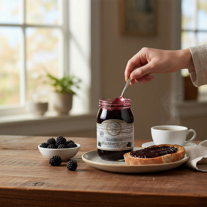 Broke Man's Pantry seedless blackberry jam in a glass jar spread on toasted bread with fresh berries on a table.