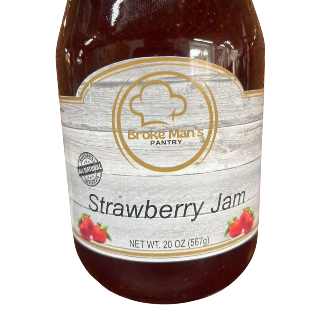 Broke Man's Pantry all-natural strawberry jam in a 20 oz glass jar with a rustic wood-grain label design.