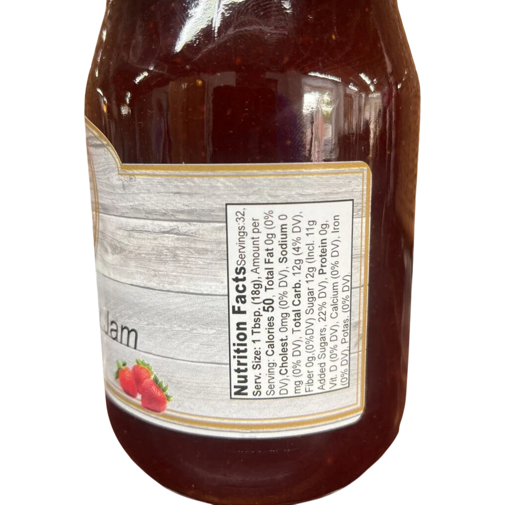 Broke Man's Pantry all-natural strawberry jam jar label showing nutrition facts and fresh strawberry illustration.
