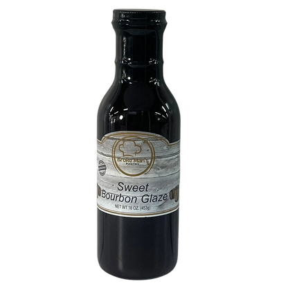 Broke Man's Pantry Sweet Bourbon Glaze in a 16 oz glass bottle with a rustic wood-grain label for grilling meats.