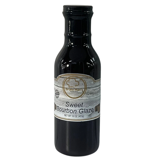 Broke Man's Pantry Sweet Bourbon Glaze in a 16 oz glass bottle with a rustic wood-grain label for grilling meats.