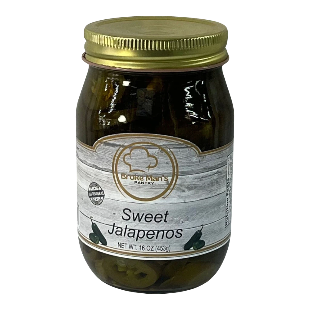 Broke Man's Pantry 16oz jar of all-natural sweet jalapeños with a gold lid and rustic wood-grain label.