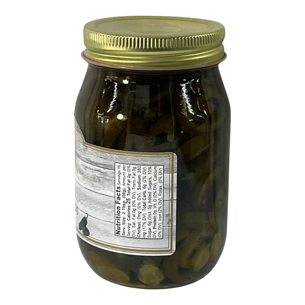 Broke Man's Pantry jar of sweet jalapeños with a gold lid and nutrition label against a black background.