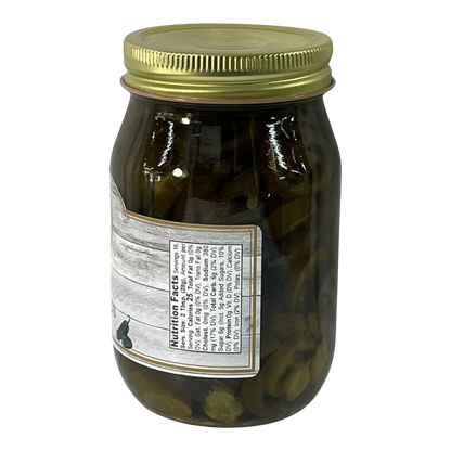 Broke Man's Pantry jar of sweet jalapeños with a gold lid and nutrition label against a black background.