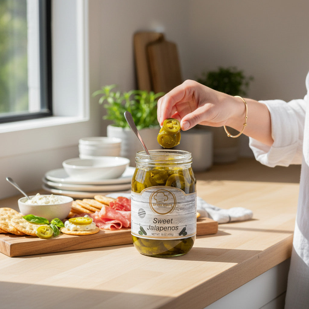 Broke Man's Pantry Sweet Jalapeños in a glass jar, served with crackers and cheese on a wooden board.