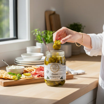 Broke Man's Pantry Sweet Jalapeños in a glass jar, served with crackers and cheese on a wooden board.