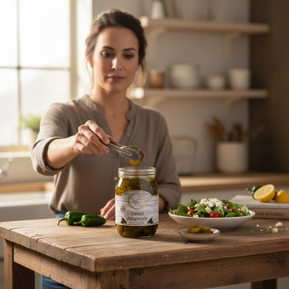Woman using tongs to serve Broke Man's Pantry Sweet Jalapeños from a glass jar in a rustic kitchen setting.
