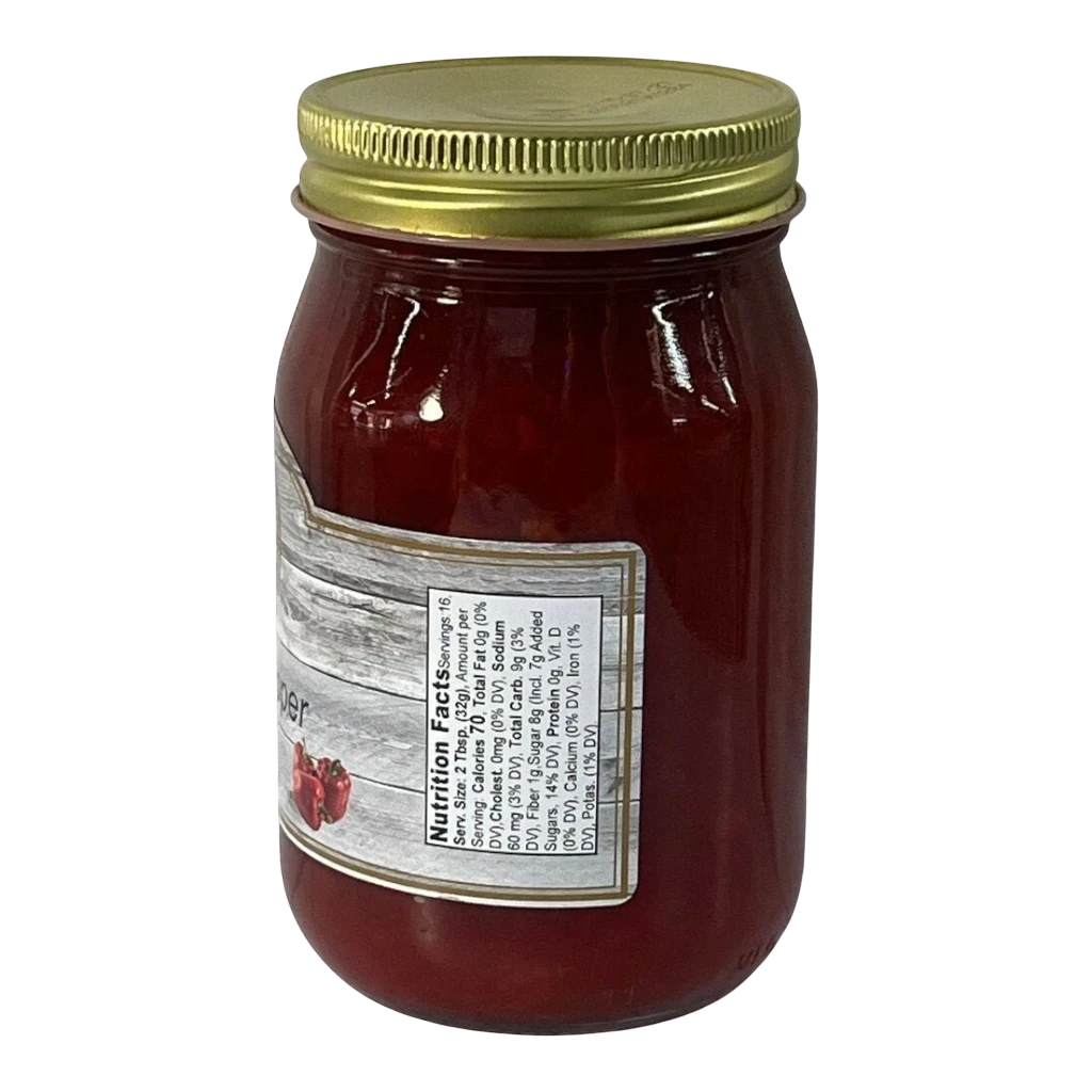 Broke Man's Pantry mild sweet pepper relish in a glass jar with a gold lid and nutrition facts label.