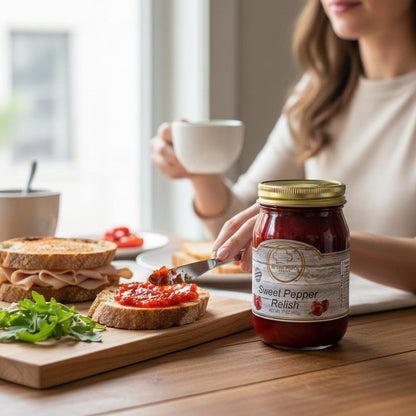 Broke Man's Pantry sweet pepper relish in a glass jar being spread on toast with a knife at a breakfast table.