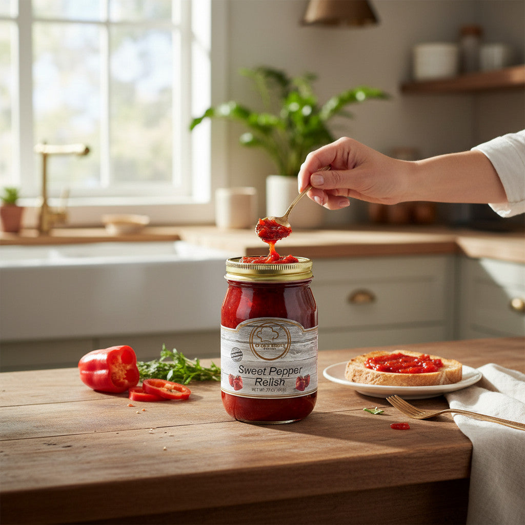 Broke Man's Pantry sweet pepper relish in a glass jar, served on toast in a rustic kitchen setting.