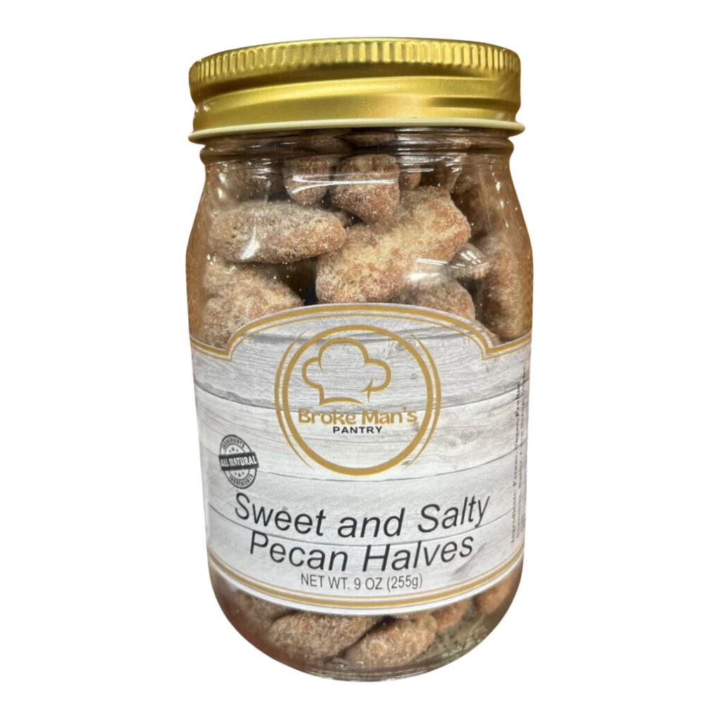 Broke Man's Pantry Sweet and Salty Pecan Halves in a 9 oz glass jar with a gold lid, perfect for snacking.