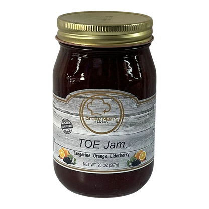 Broke Man's Pantry TOE Jam featuring a blend of tangerine, orange, and elderberry in a 20 oz glass jar.