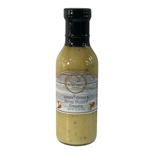 Broke Man's Pantry Vidalia Onion & Honey Mustard Dressing in a 12oz glass bottle with a black cap.