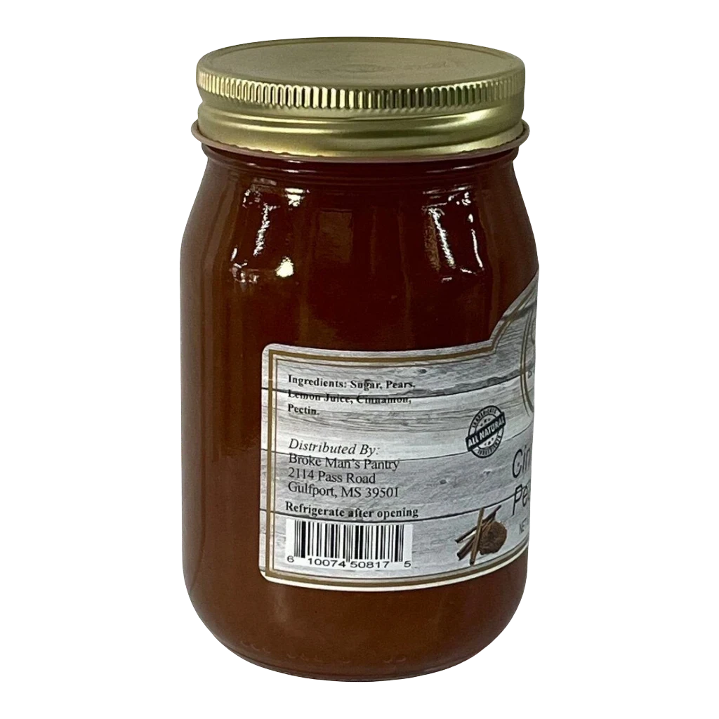 Broke Man's Pantry Cinnamon Pear Jam in a glass jar with a gold lid. Ingredients include pears, sugar, cinnamon.