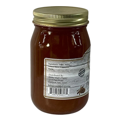 Broke Man's Pantry Cinnamon Pear Jam in a glass jar with a gold lid. Ingredients include pears, sugar, cinnamon.