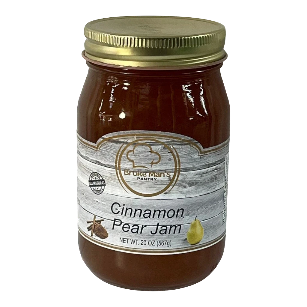 Broke Man's Pantry Cinnamon Pear Jam in a glass jar with a gold lid. Features ripe pears and cinnamon.