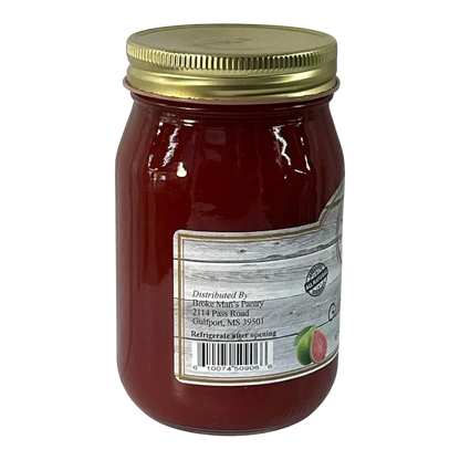 Broke Man's Pantry Guava Jam in a glass jar with a gold lid. The jam is a deep red color.